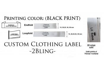 Endfold/ Loopfold, Black print, Sew-on Clothing label, Slit-edge Satin, 100 labels